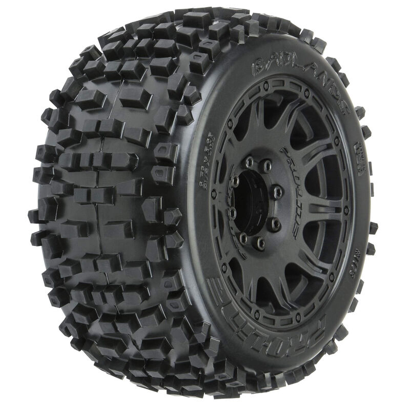 1/8 Badlands F/R 3.8" MT Tires Mounted 17mm Black Raid (2)