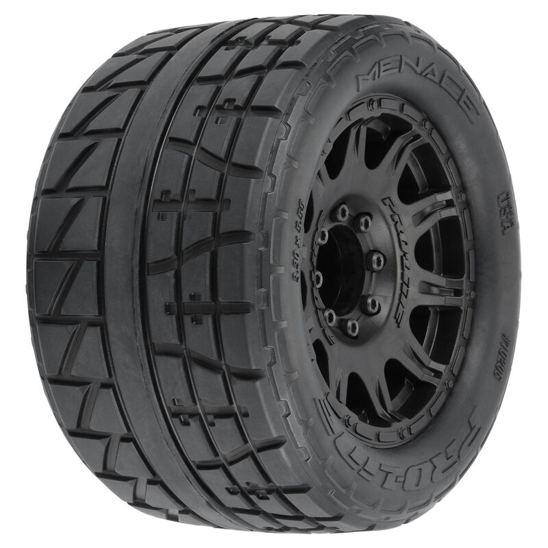 1/8 Menace HP BELTED F/R 3.8" MT Tires Mounted 17mm Black Raid (2)