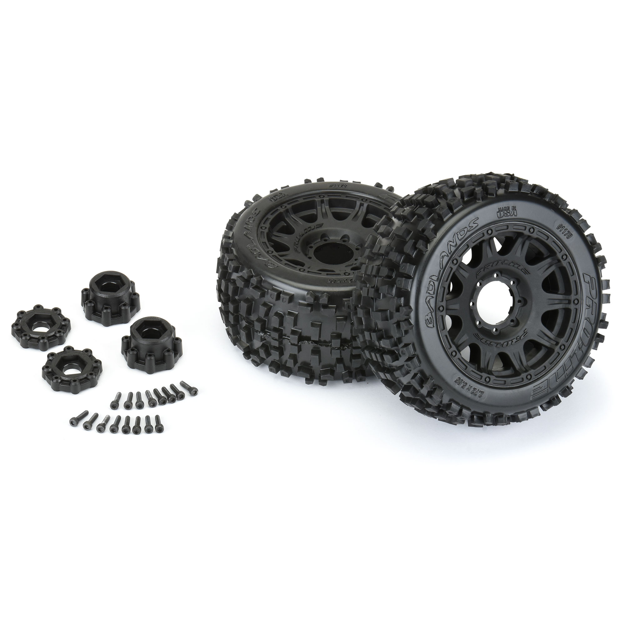 1/8 Badlands F/R 3.8" MT Tires Mounted 17mm Black Raid (2)